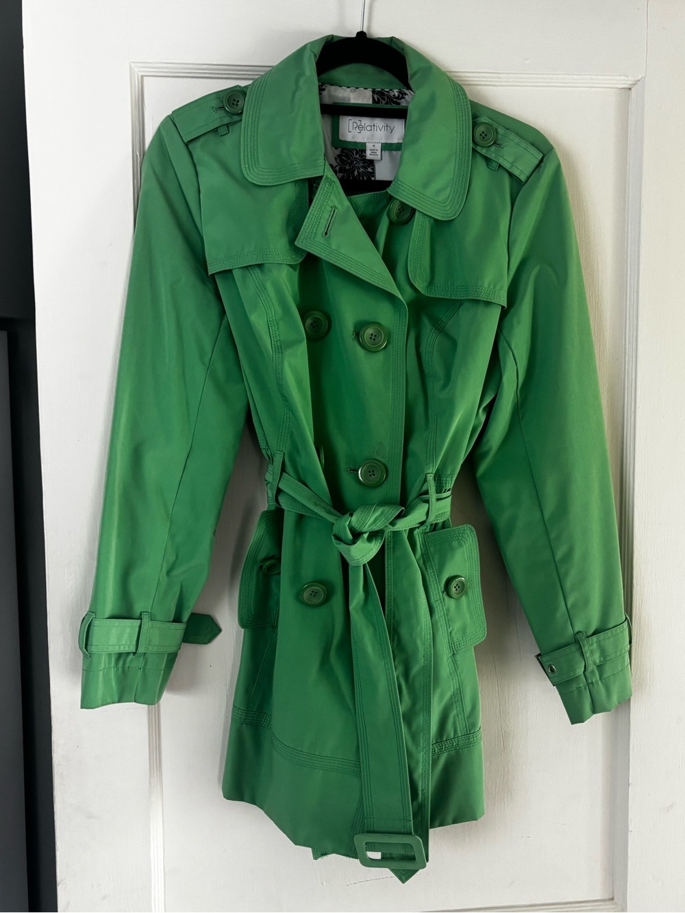Relativity Bright Green Double-Breasted Trench Coat with Waist Tie
